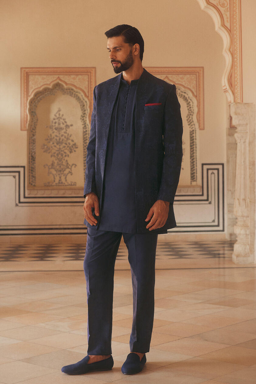 Parikshit Embroidered Silk Sherwani - Navy Blue, Navy Blue, image 1